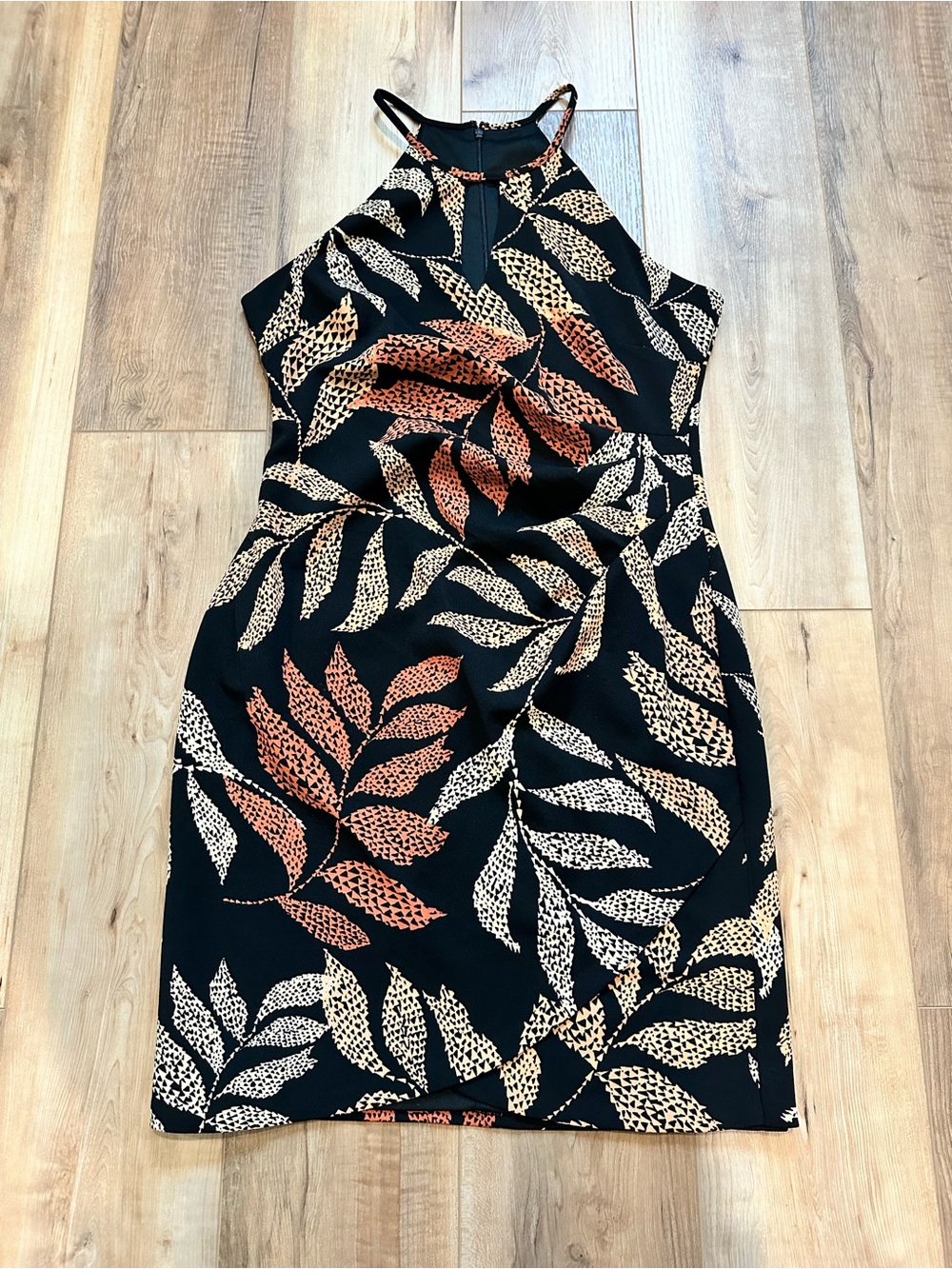 Guess Womens Black Orange Tropical Leaf Halter Neck Sheath Dress Size  14